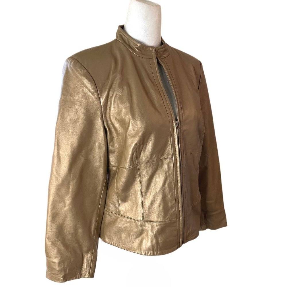 Yvonne Le Marie Gold Metallic Soft Lamb Leather Lined Jacket 3/4 Zip Size 6 - Picture 7 of 12